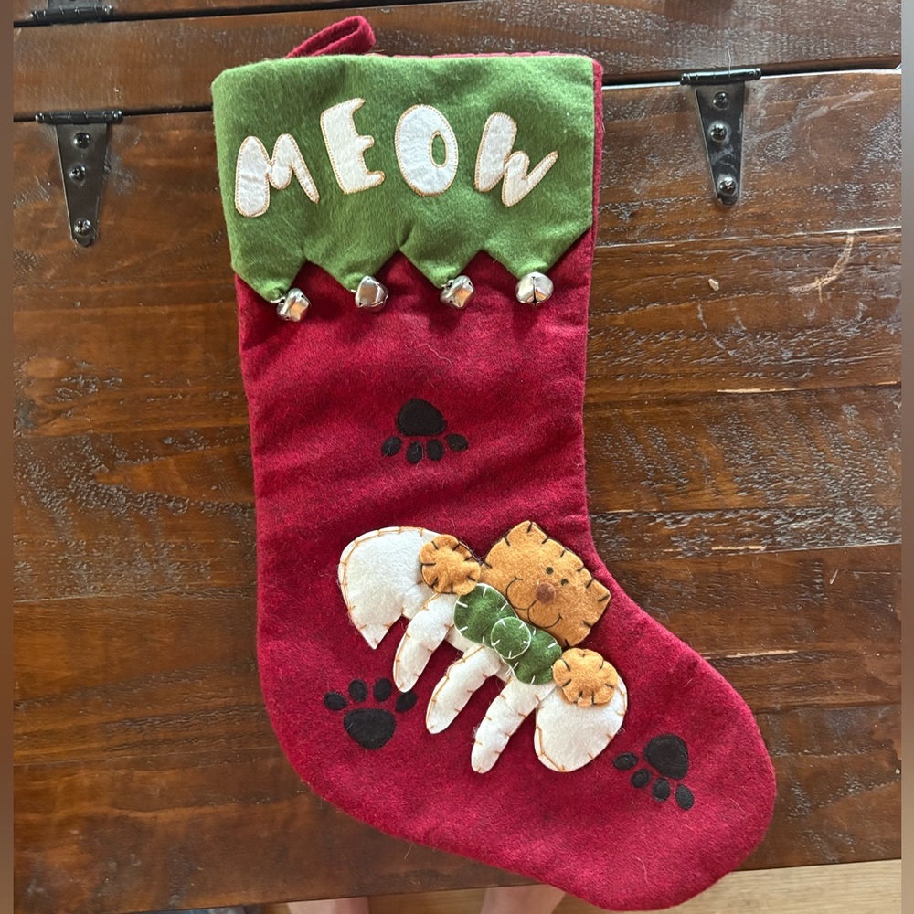 Red Christmas Stocking with Cat Design Meow Festive Christmas Holiday